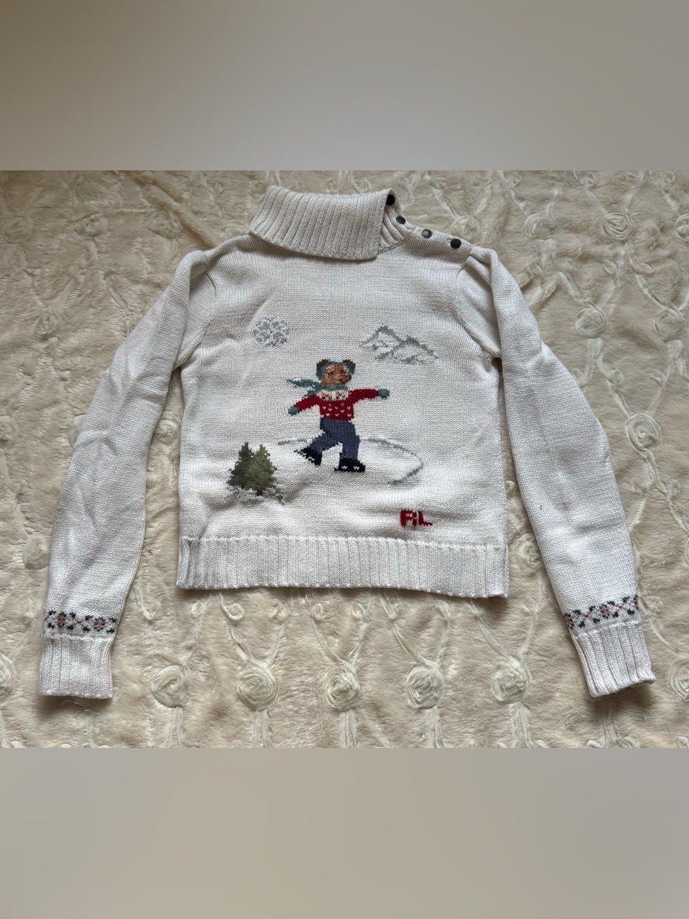 Ralph Lauren Cream Turtleneck Skating Polo Bear Sweater (xxs women’s/lg girls)